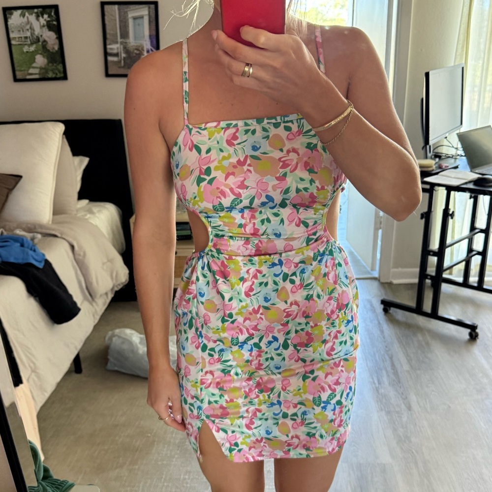 Floral Cutout Spaghetti Strap Mini Dress - Pink Floral